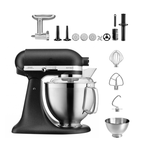 KitchenAid 4,8 L 5KSM185 Artisan Küchenmaschine Meatlover Metallfleischwolf 5KSMMGA Gr. 8 und Spritzgebäckvorsatz