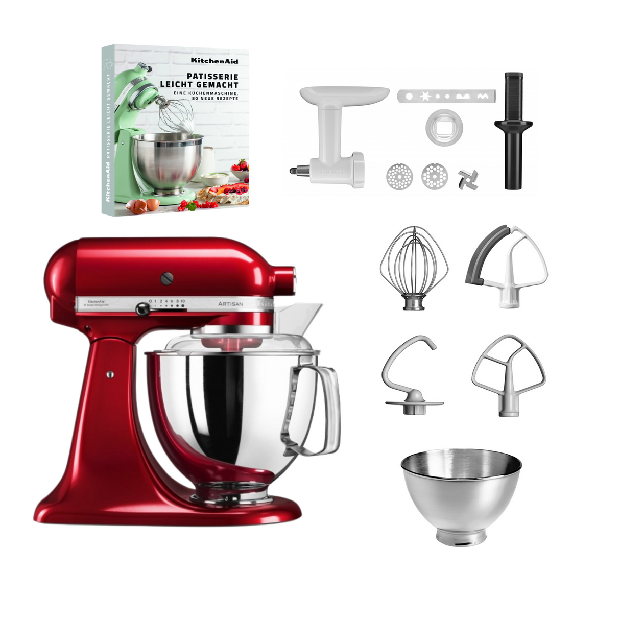 KitchenAid 4,8 L 5KSM175 Artisan Küchenmaschine Pastrylover mit Kunststofffleischwolf+Spritzgebäckvorsatz und Patisserie Buch