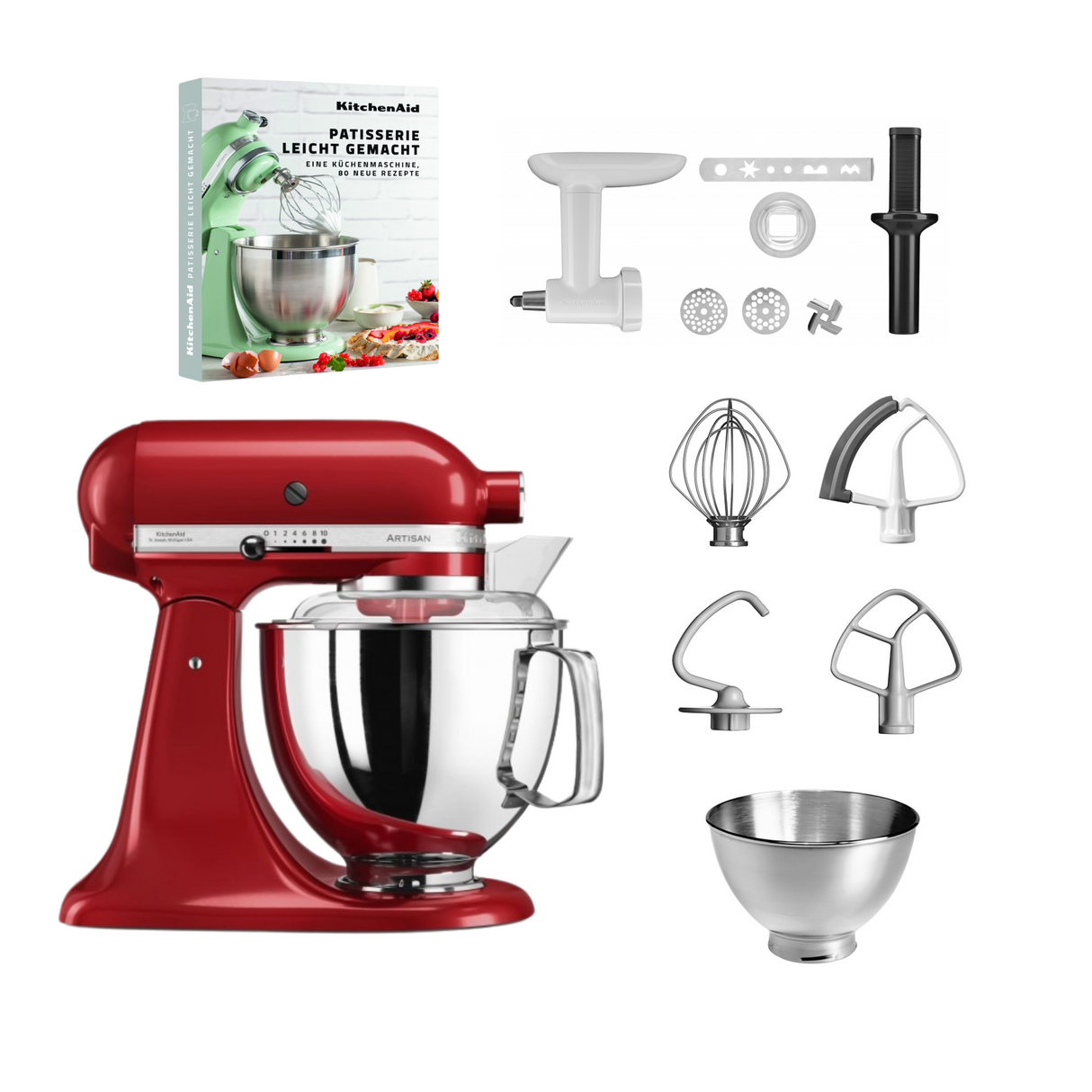 KitchenAid 4,8 L 5KSM175 Artisan Küchenmaschine Pastrylover mit Kunststofffleischwolf+Spritzgebäckvorsatz und Patisserie Buch
