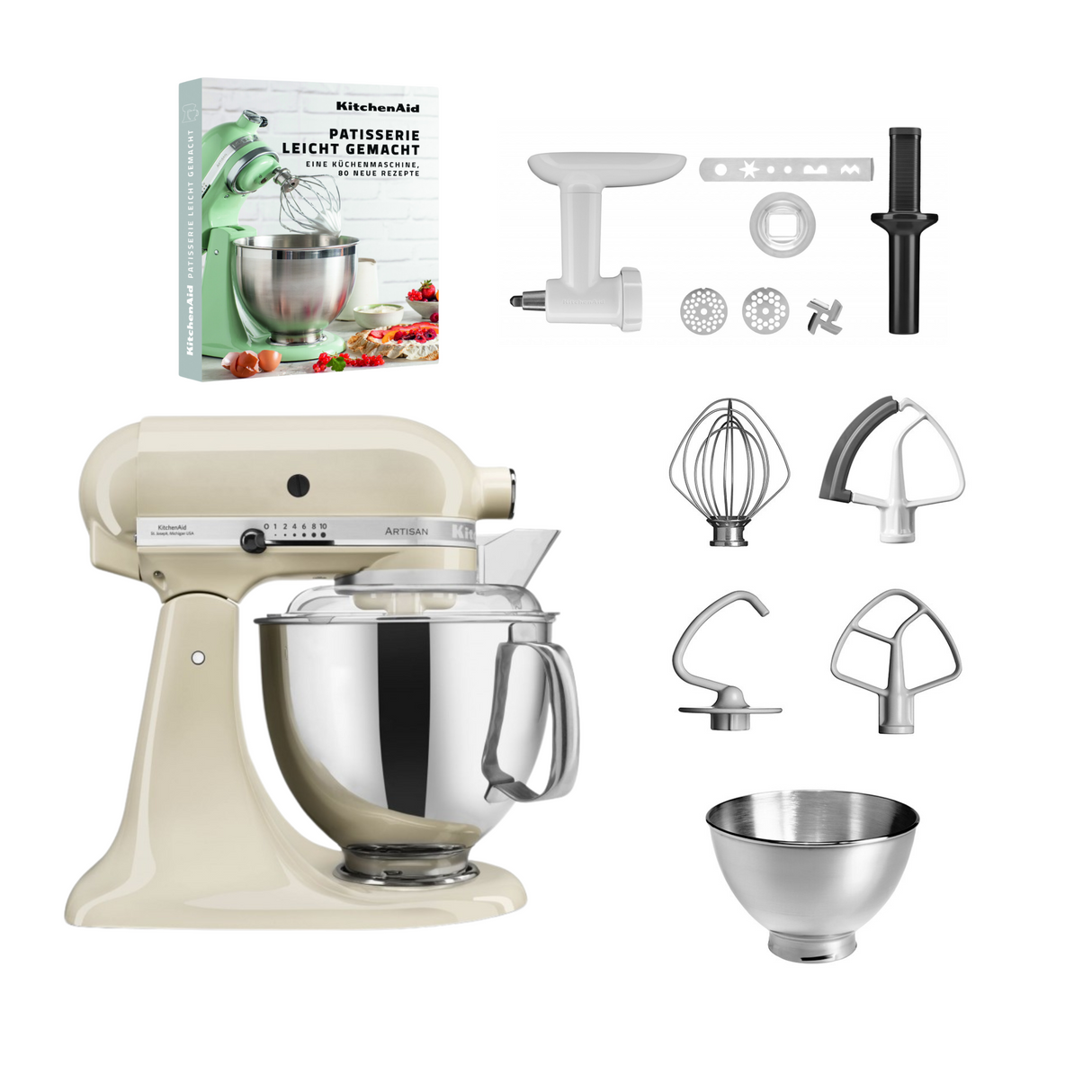 KitchenAid 4,8 L 5KSM175 Artisan Küchenmaschine Pastrylover mit Kunststofffleischwolf+Spritzgebäckvorsatz und Patisserie Buch