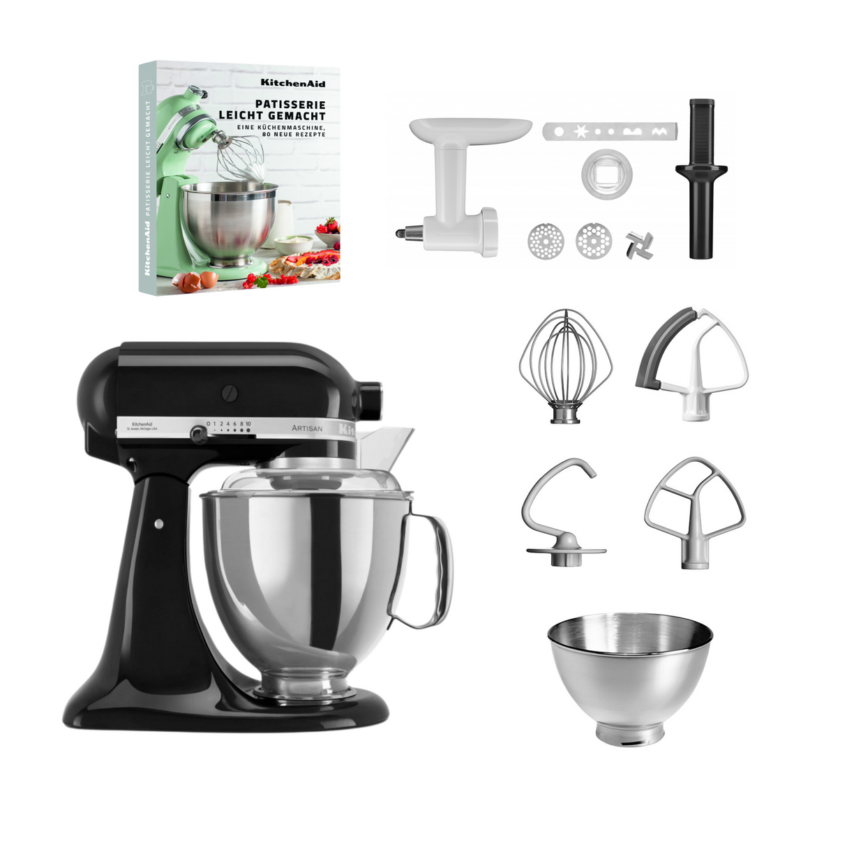 KitchenAid 4,8 L 5KSM175 Artisan Küchenmaschine Pastrylover mit Kunststofffleischwolf+Spritzgebäckvorsatz und Patisserie Buch