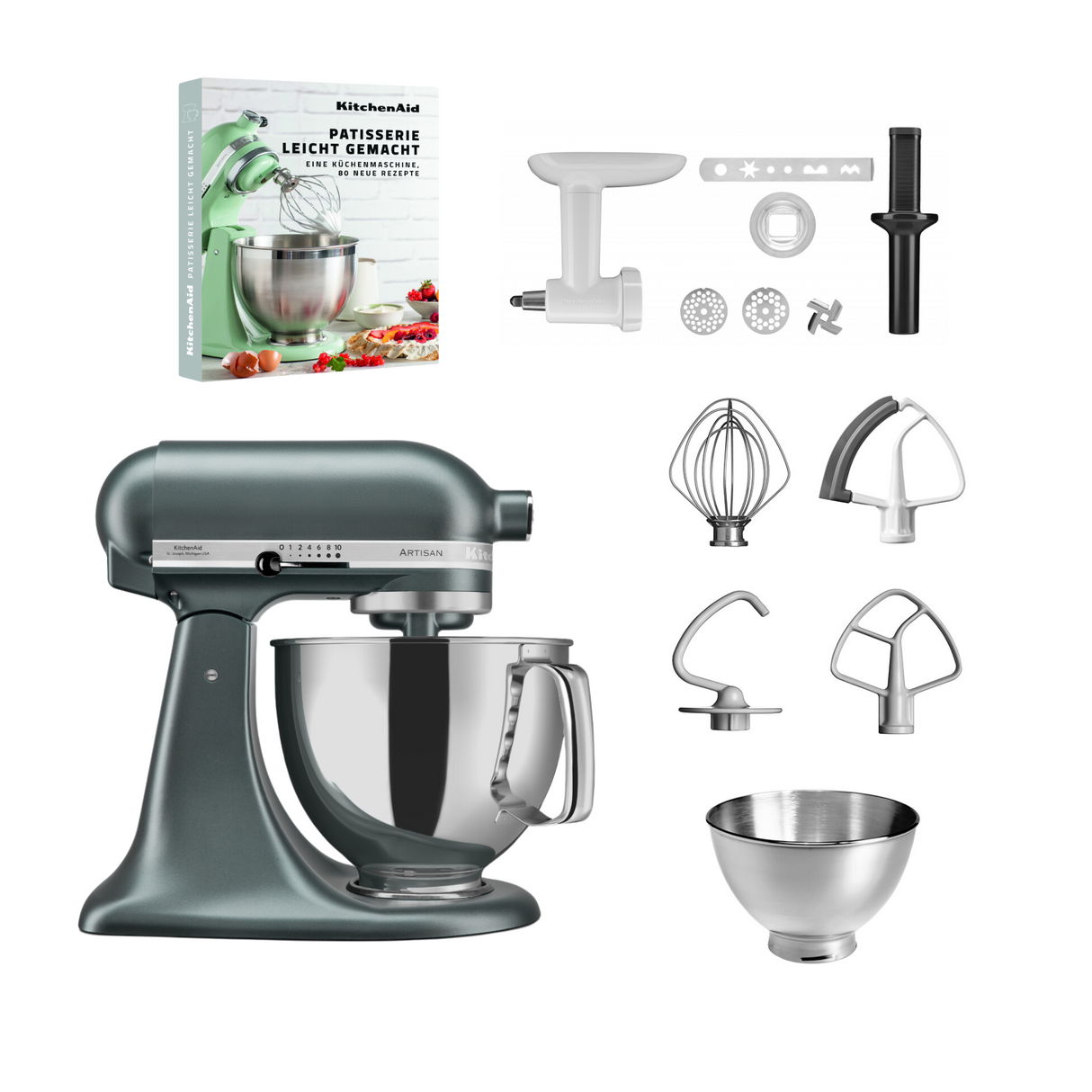 KitchenAid 4,8 L 5KSM175 Artisan Küchenmaschine Pastrylover mit Kunststofffleischwolf+Spritzgebäckvorsatz und Patisserie Buch