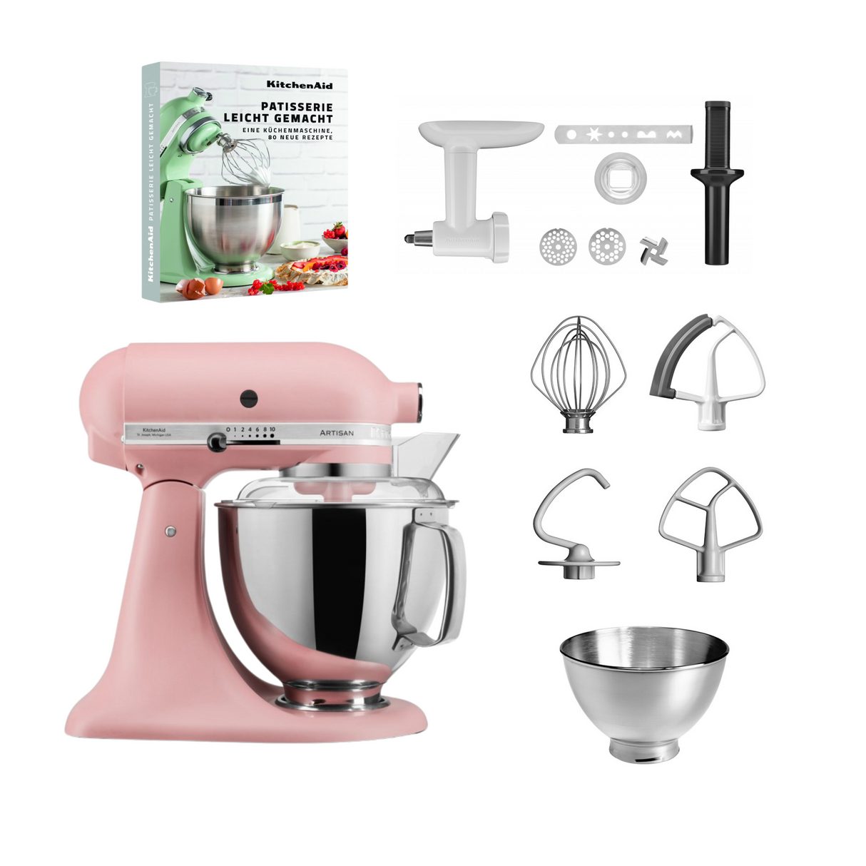 KitchenAid 4,8 L 5KSM175 Artisan Küchenmaschine Pastrylover mit Kunststofffleischwolf+Spritzgebäckvorsatz und Patisserie Buch