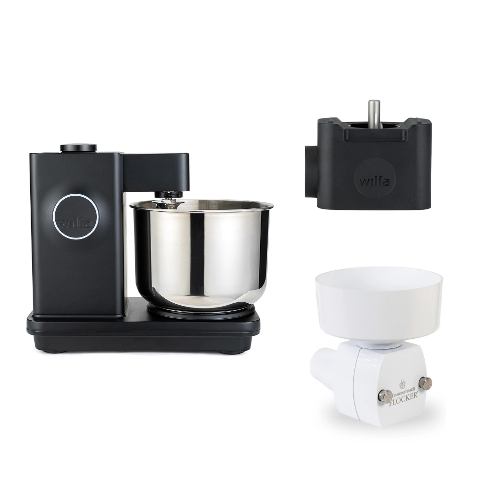 Wilfa Küchenmaschine Probaker Timer KM2BS-T70 schwarz + Tool Adapter + Messerschmidt Flockervorsatz