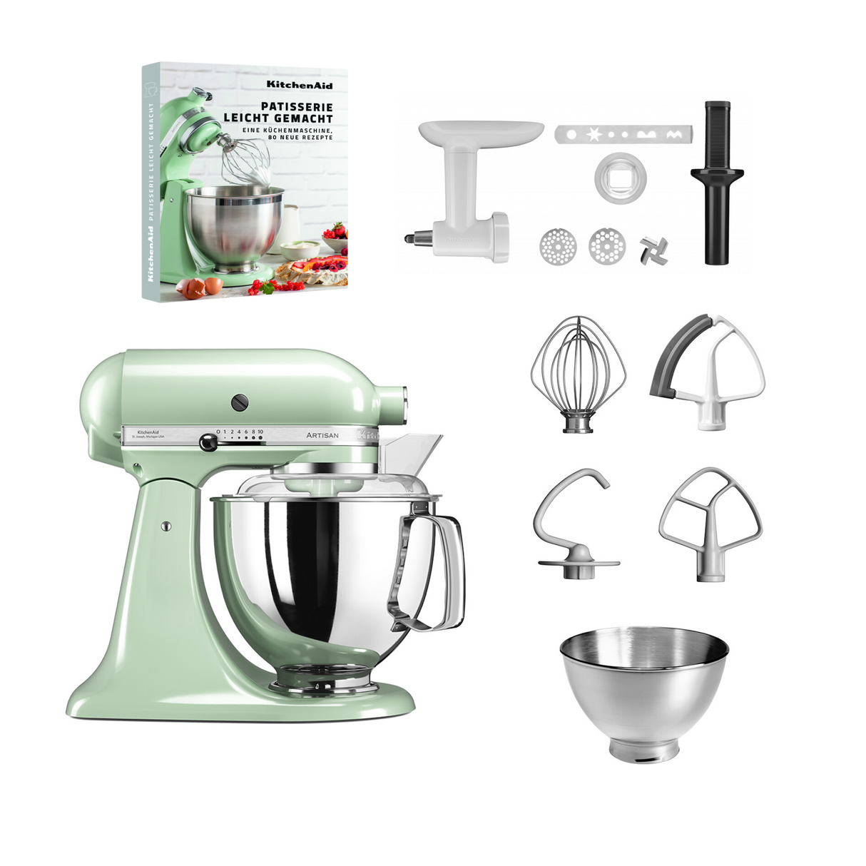 KitchenAid 4,8 L 5KSM175 Artisan Küchenmaschine Pastrylover mit Kunststofffleischwolf+Spritzgebäckvorsatz und Patisserie Buch