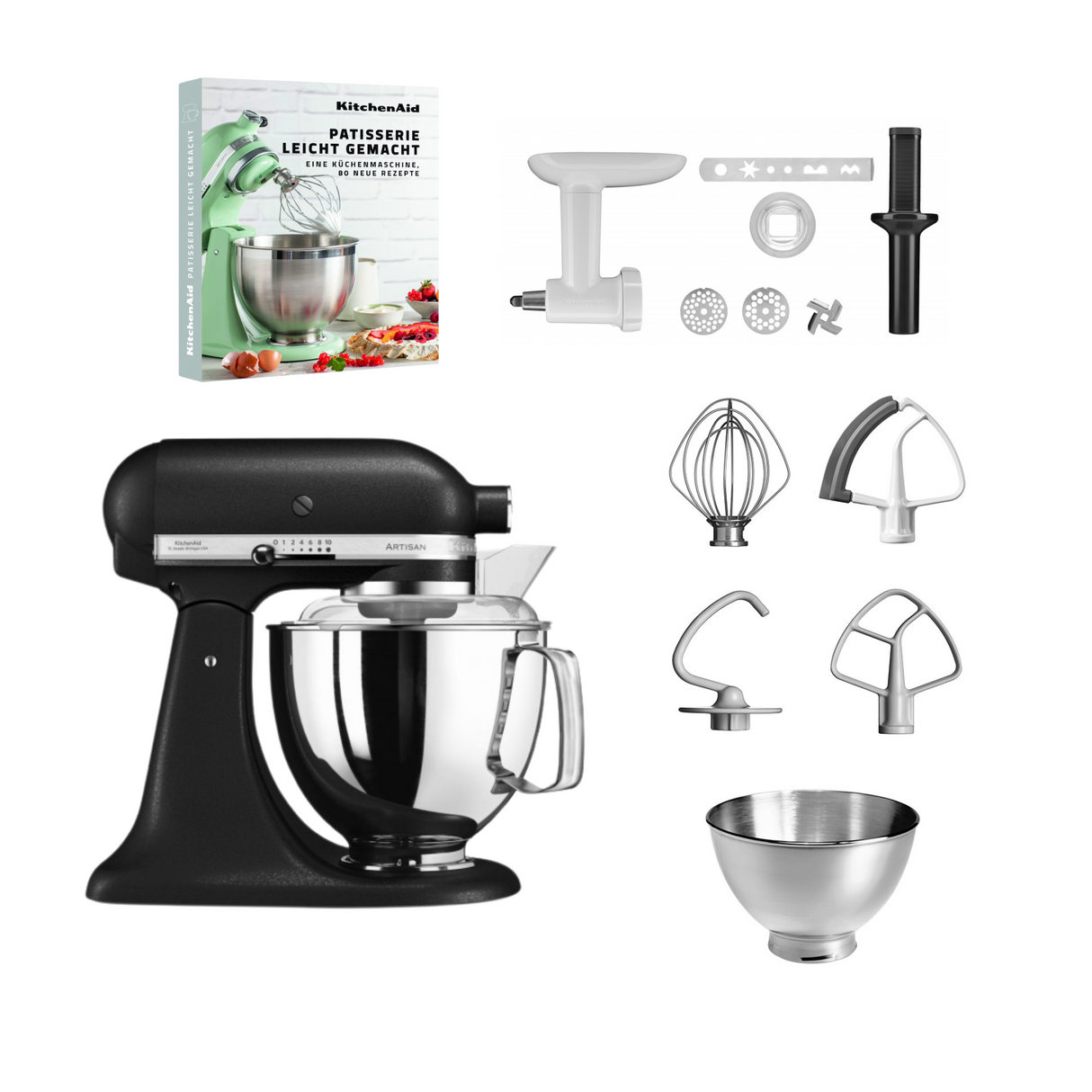 KitchenAid 4,8 L 5KSM175 Artisan Küchenmaschine Pastrylover mit Kunststofffleischwolf+Spritzgebäckvorsatz und Patisserie Buch