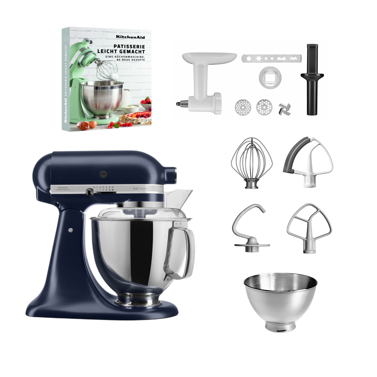 KitchenAid 4,8 L 5KSM175 Artisan Küchenmaschine Pastrylover mit Kunststofffleischwolf+Spritzgebäckvorsatz und Patisserie Buch