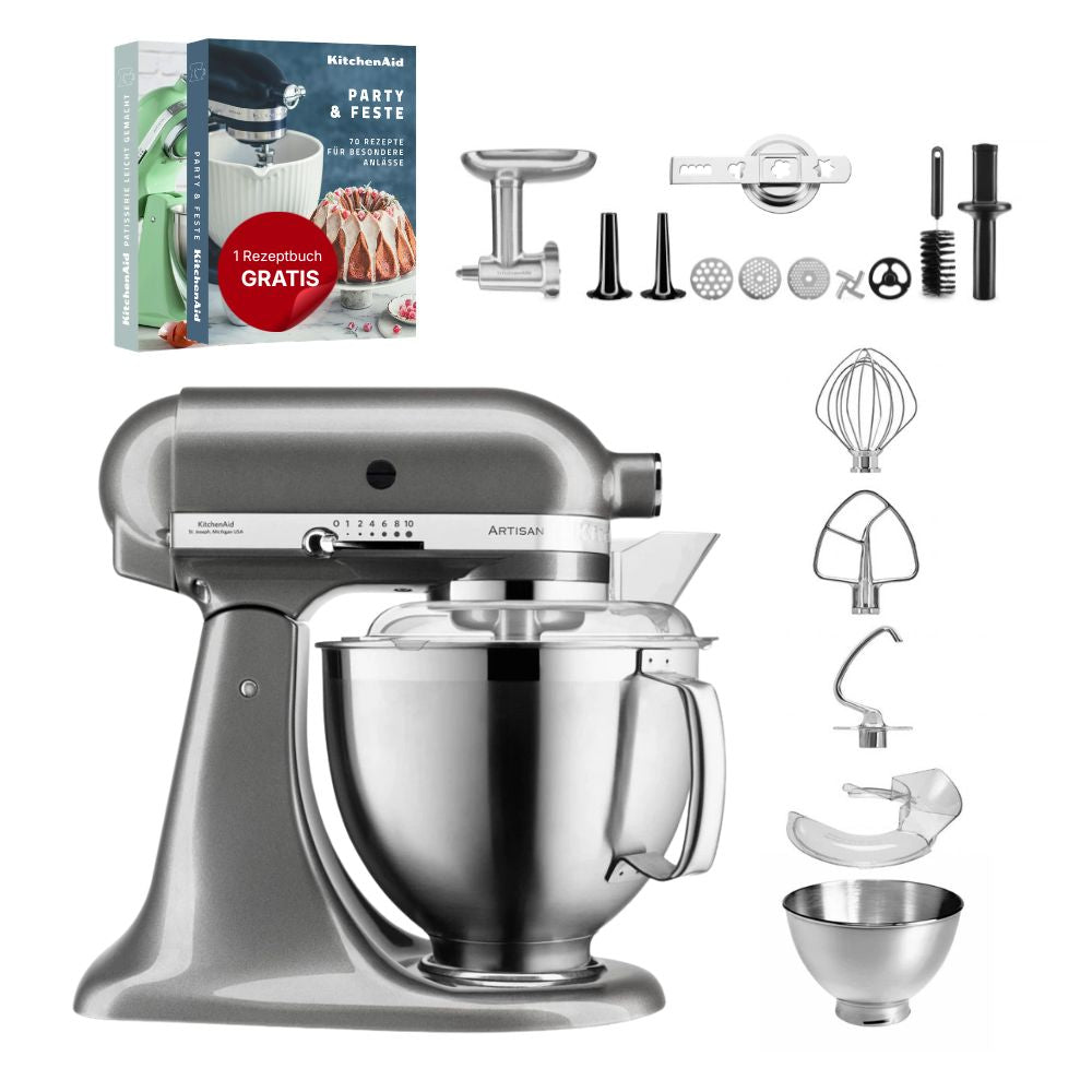 KitchenAid 4,8 L 5KSM185 Artisan Küchenmaschine Meatlover Metallfleischwolf 5KSMMGA Gr. 8 und Spritzgebäckvorsatz
