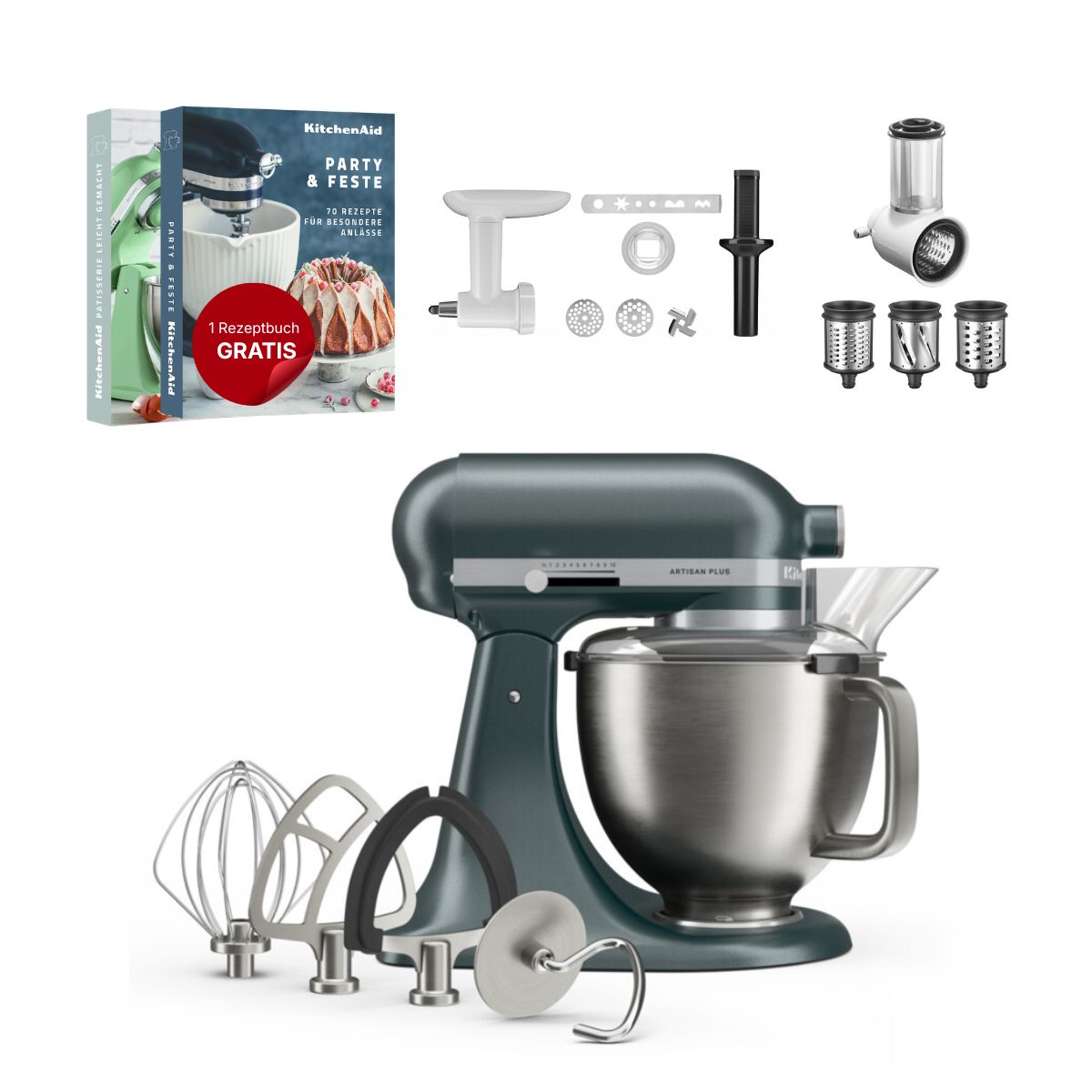 KitchenAid 4,7 L 5KSM50 Artisan Plus Küchenmaschine Allrounderset mit Gemüseschneider + Fleischwolf + Spritzgebäckvorsatz
