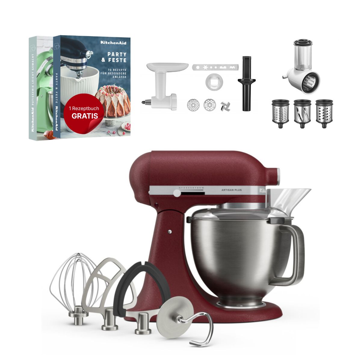 KitchenAid 4,7 L 5KSM50 Artisan Plus Küchenmaschine Allrounderset mit Gemüseschneider + Fleischwolf + Spritzgebäckvorsatz