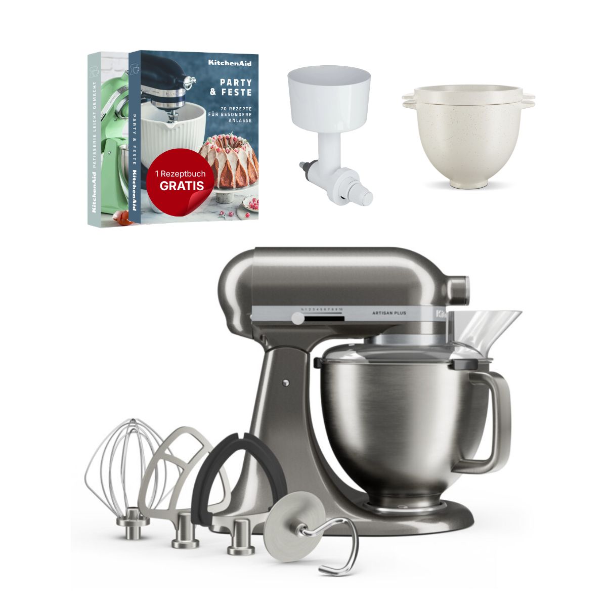 KitchenAid 4,7 L 5KSM50 Artisan Plus Küchenmaschine Breadlover mit Messerschmidt Getreidemühlenvorsatz + Brotbackschüssel