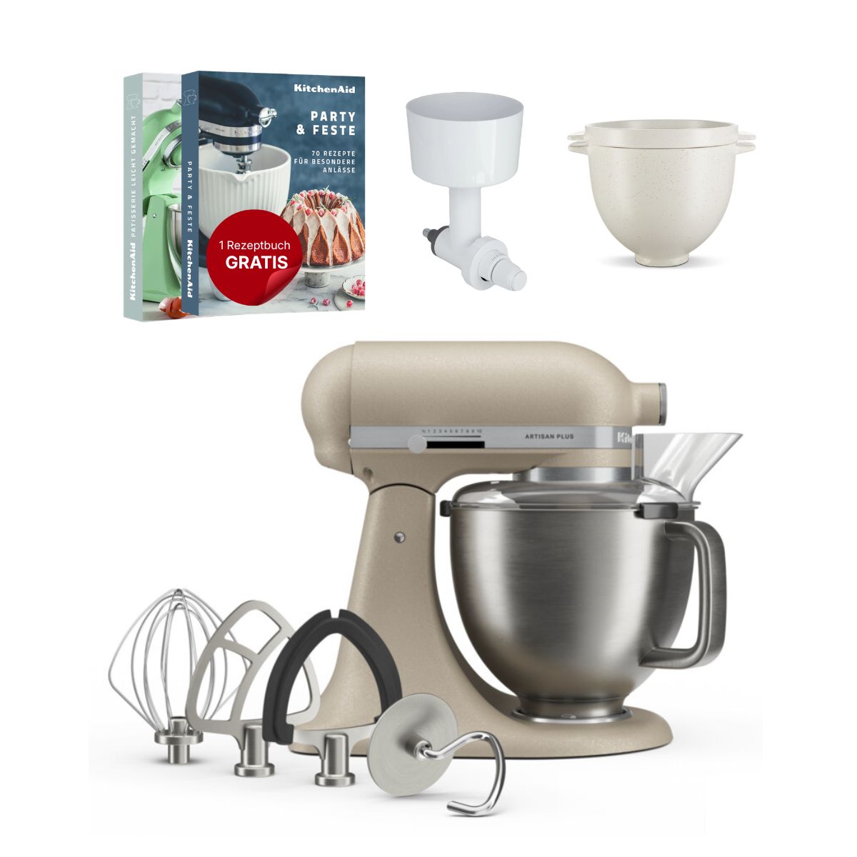 KitchenAid 4,7 L 5KSM50 Artisan Plus Küchenmaschine Breadlover mit Messerschmidt Getreidemühlenvorsatz + Brotbackschüssel