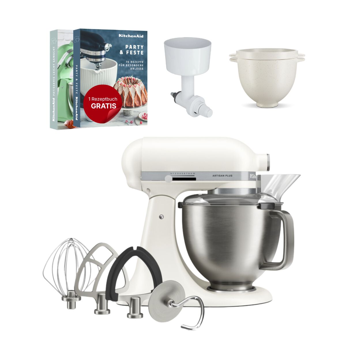 KitchenAid 4,7 L 5KSM50 Artisan Plus Küchenmaschine Breadlover mit Messerschmidt Getreidemühlenvorsatz + Brotbackschüssel