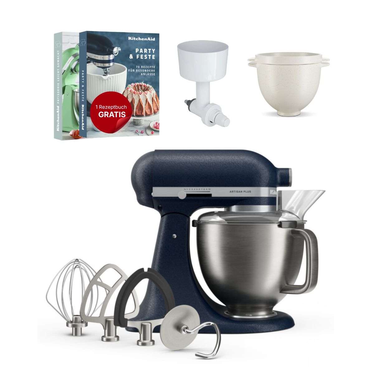 KitchenAid 4,7 L 5KSM50 Artisan Plus Küchenmaschine Breadlover mit Messerschmidt Getreidemühlenvorsatz + Brotbackschüssel