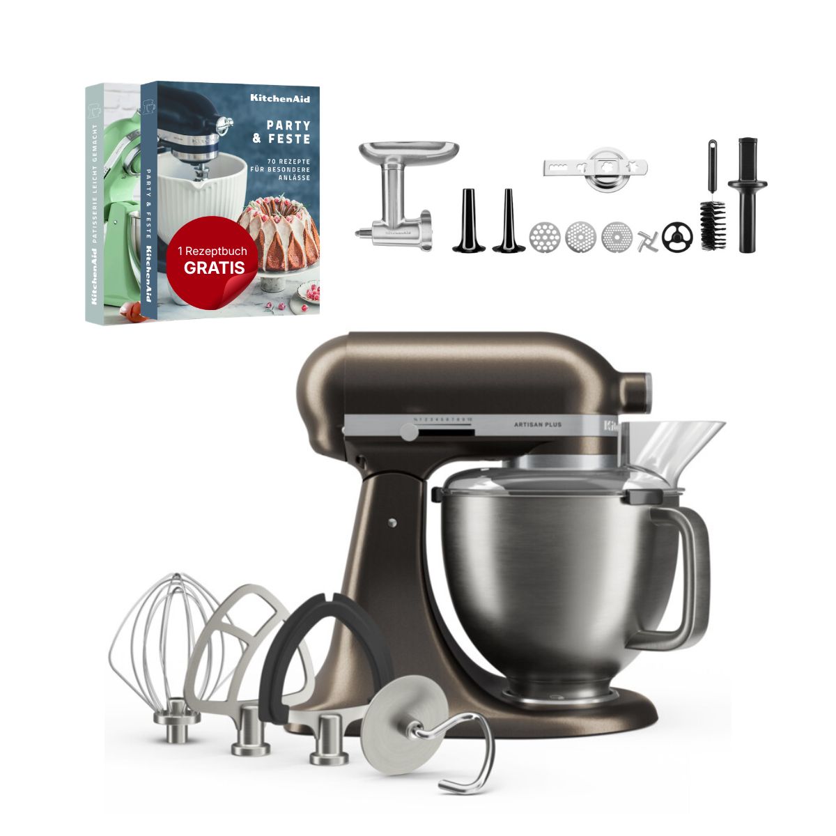 KitchenAid 4,7 L 5KSM50 Artisan Plus Küchenmaschine Meatlover mit Metallfleischwolf + Spritzgebäckvorsatz
