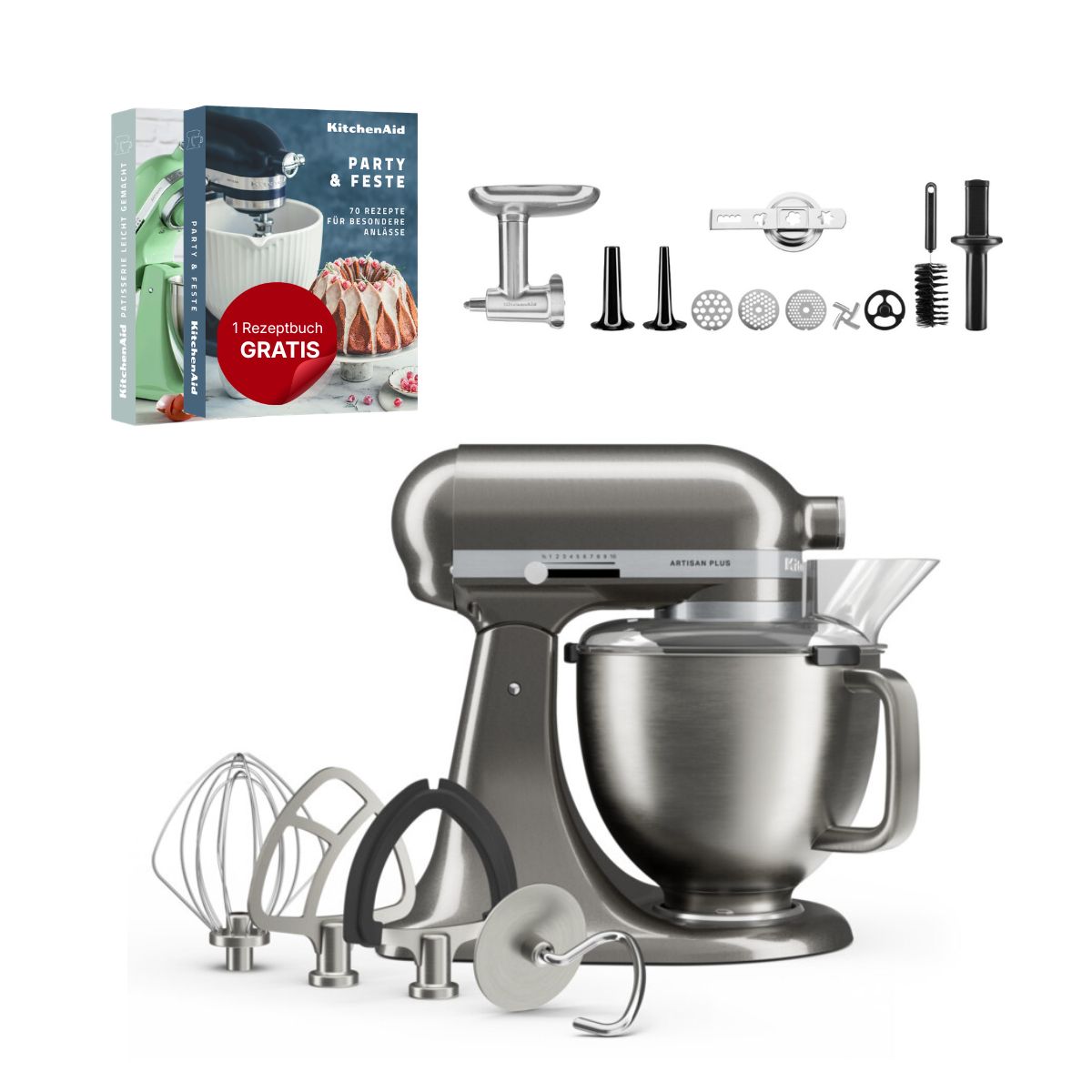 KitchenAid 4,7 L 5KSM50 Artisan Plus Küchenmaschine Meatlover mit Metallfleischwolf + Spritzgebäckvorsatz