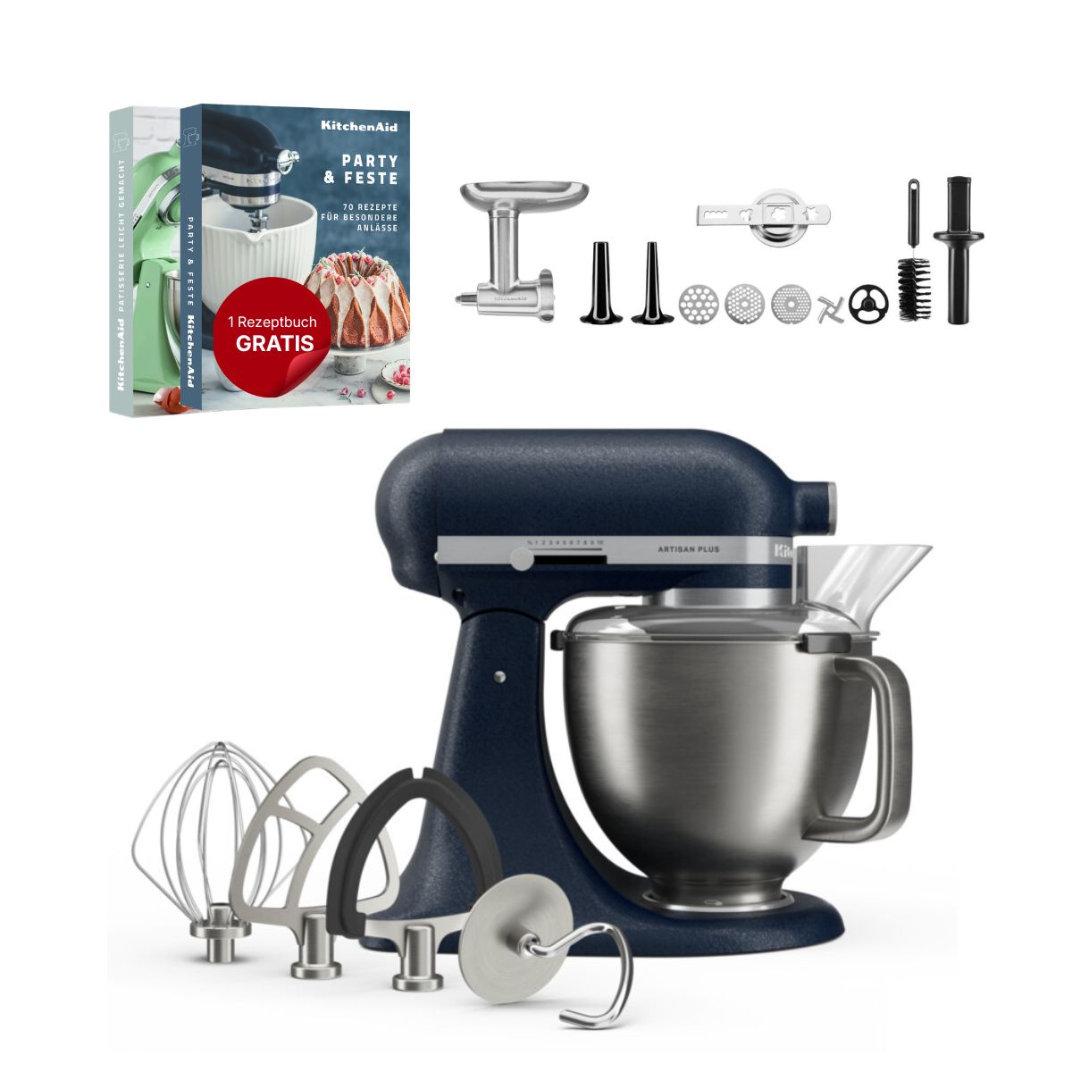 KitchenAid 4,7 L 5KSM50 Artisan Plus Küchenmaschine Meatlover mit Metallfleischwolf + Spritzgebäckvorsatz
