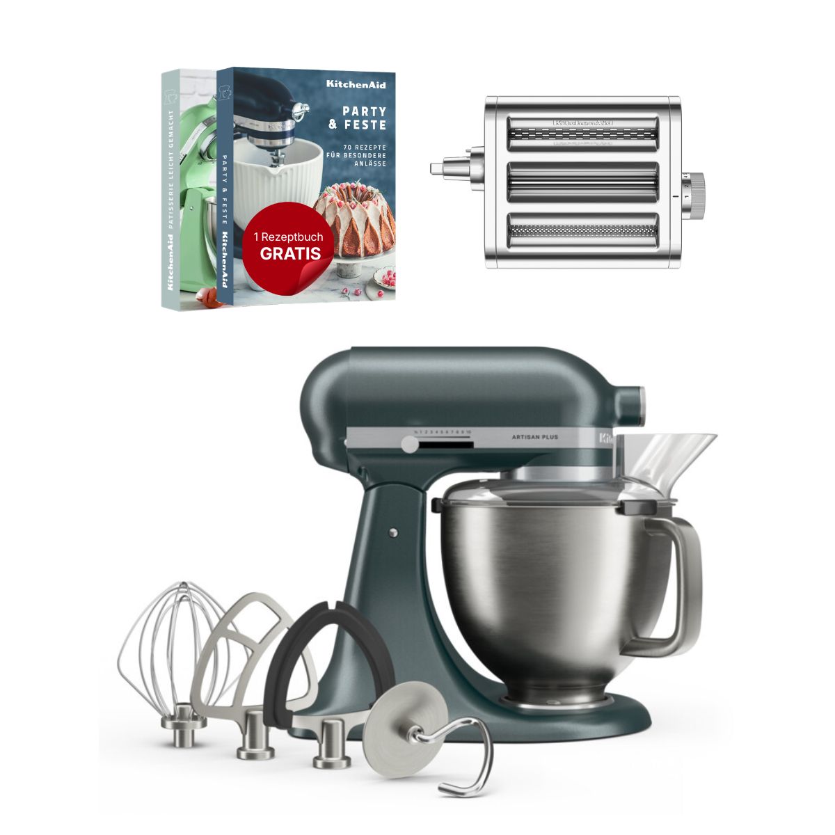 KitchenAid 4,7 L 5KSM50 Artisan Plus Küchenmaschine Pastalover mit 3-in-1 Nudelvorsatz