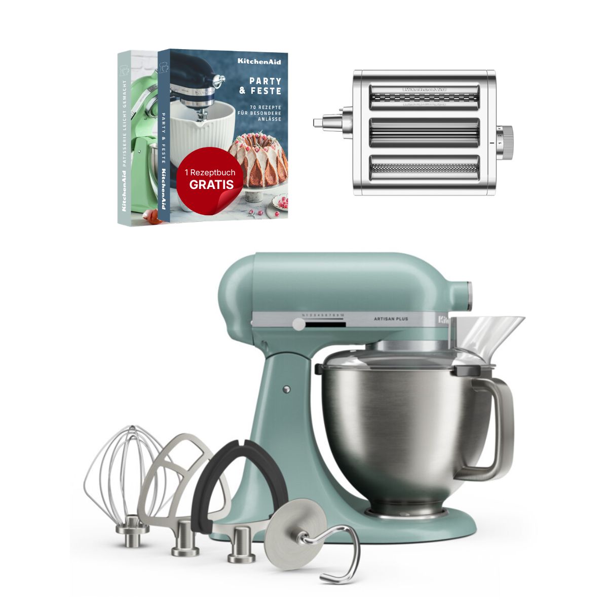 KitchenAid 4,7 L 5KSM50 Artisan Plus Küchenmaschine Pastalover mit 3-in-1 Nudelvorsatz