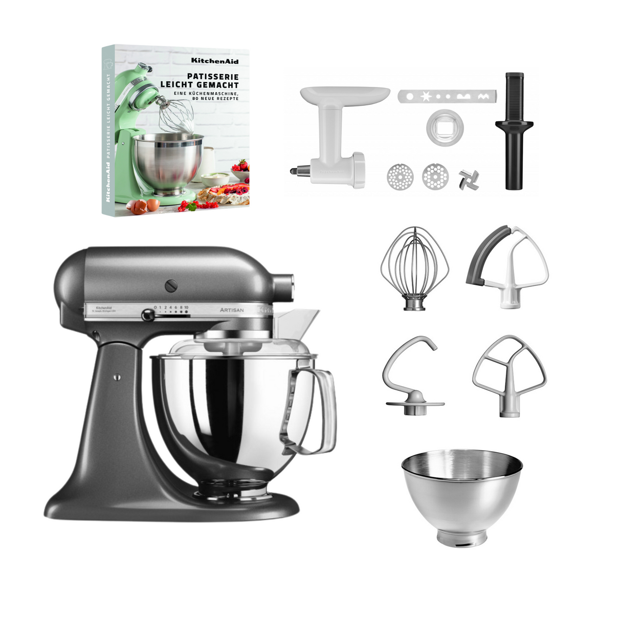 KitchenAid 4,8 L 5KSM175 Artisan Küchenmaschine Pastrylover mit Kunststofffleischwolf+Spritzgebäckvorsatz und Patisserie Buch