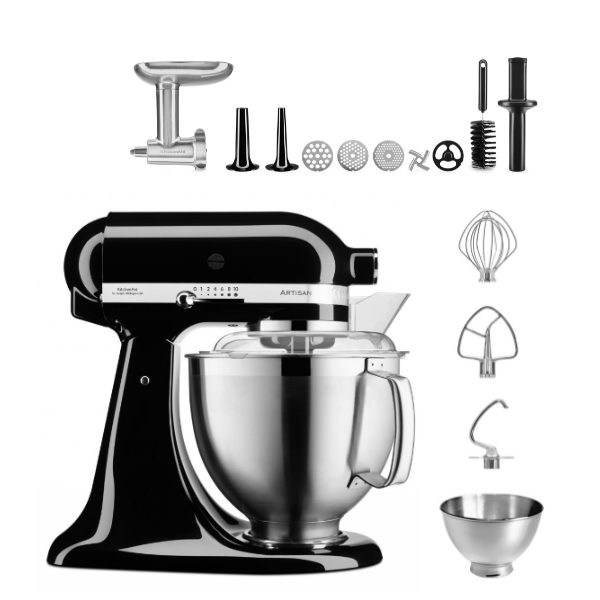 KitchenAid 4,8 L 5KSM185 Artisan Küchenmaschine Meatlover Metallfleischwolf 5KSMMGA Gr. 8 und Spritzgebäckvorsatz