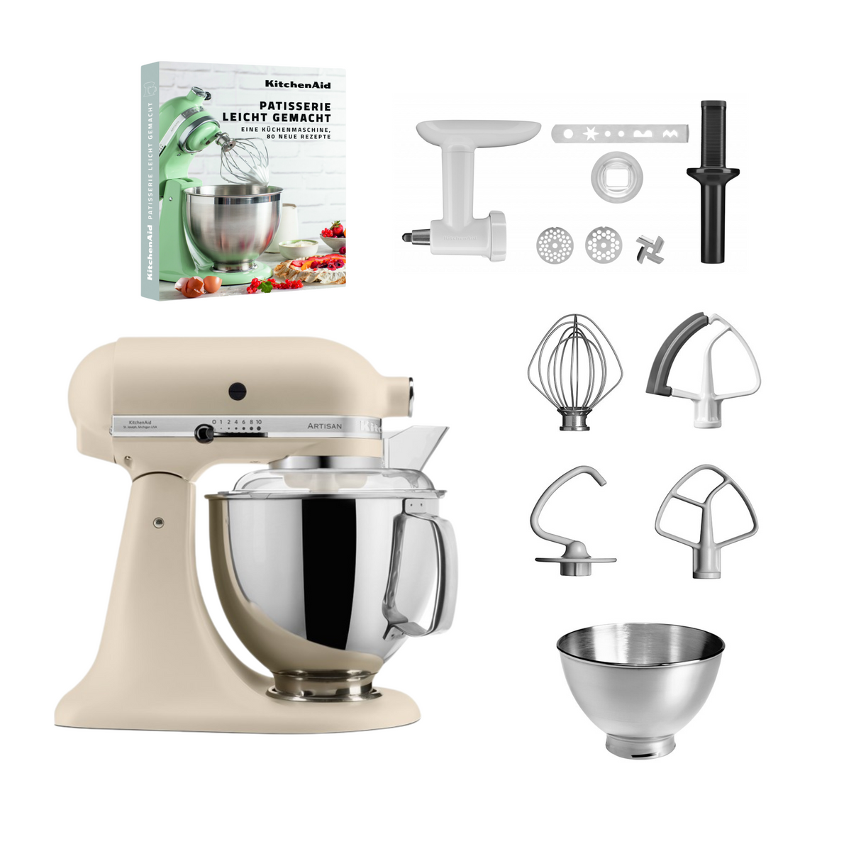 KitchenAid 4,8 L 5KSM175 Artisan Küchenmaschine Pastrylover mit Kunststofffleischwolf+Spritzgebäckvorsatz und Patisserie Buch