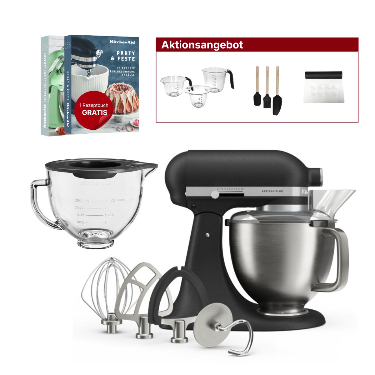 KitchenAid 4,7L 5KSM50PKVE Küchenmaschine - Artisan Plus mit GRATIS Glasschüssel