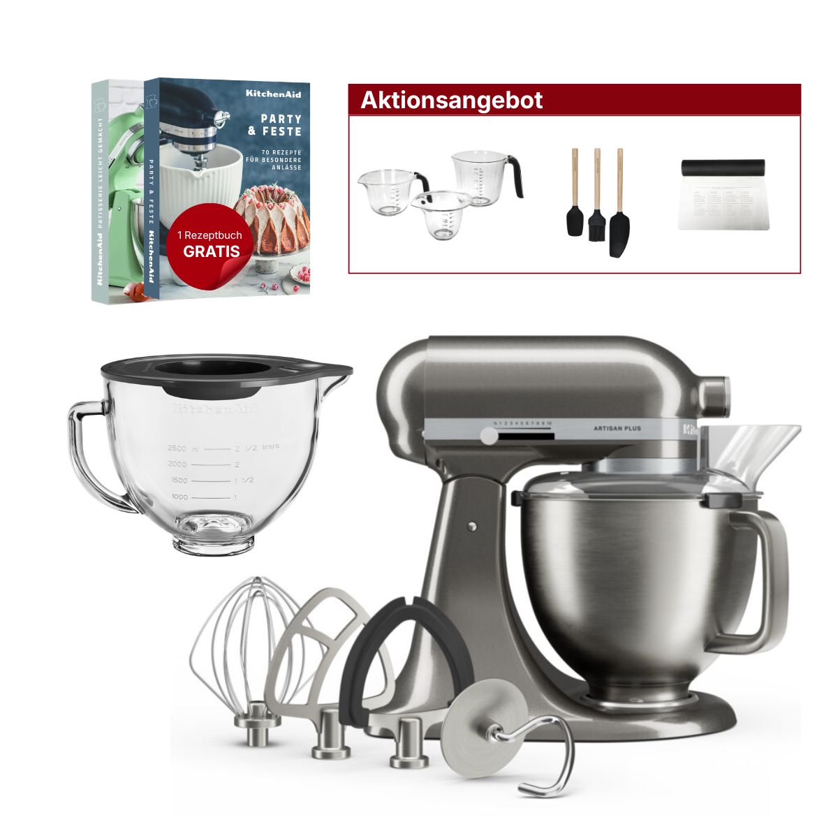 KitchenAid 4,7L 5KSM50PKVE Küchenmaschine - Artisan Plus mit GRATIS Glasschüssel