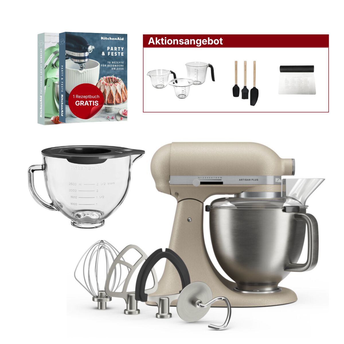 KitchenAid 4,7L 5KSM50PKVE Küchenmaschine - Artisan Plus mit GRATIS Glasschüssel
