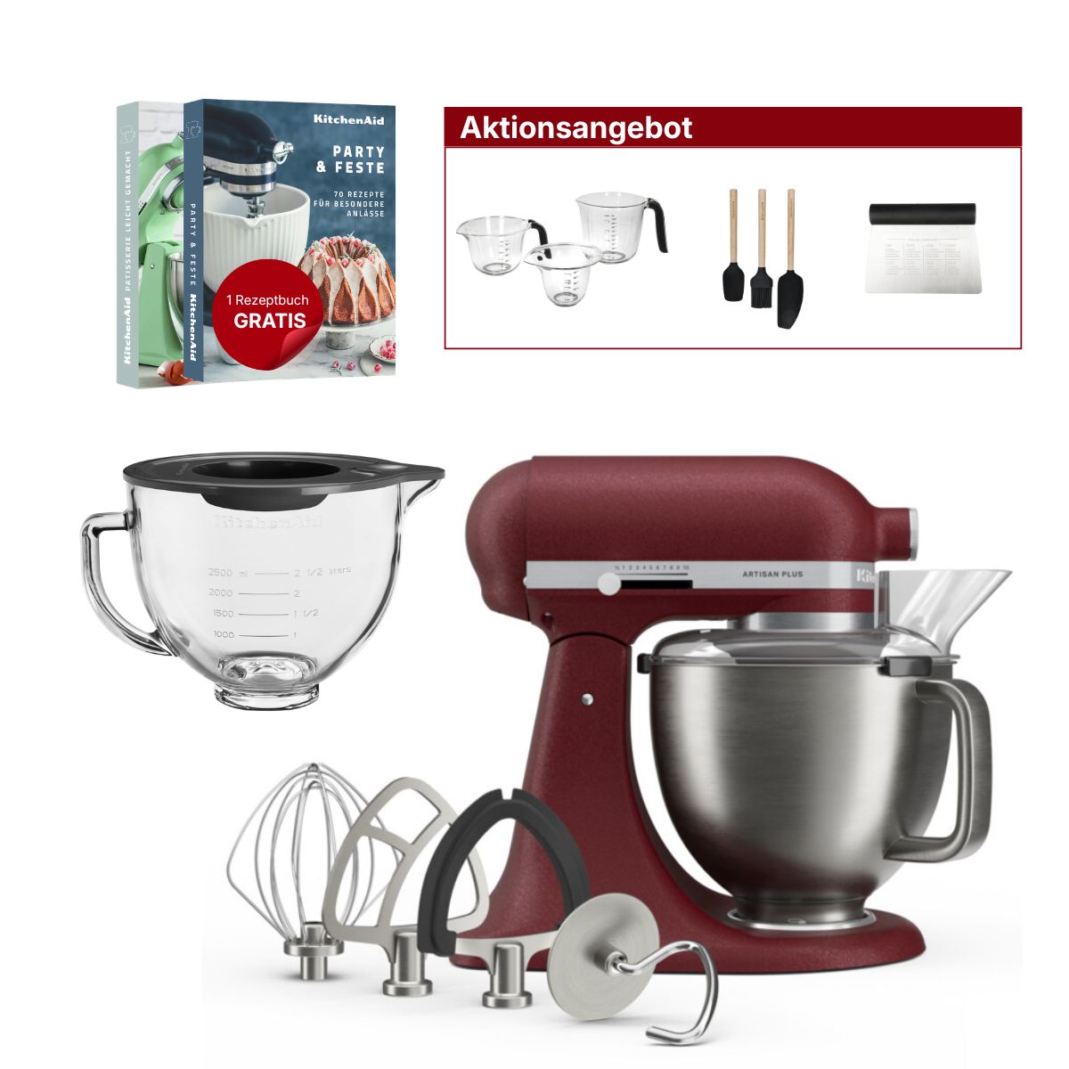KitchenAid 4,7L 5KSM50PKVE Küchenmaschine - Artisan Plus mit GRATIS Glasschüssel