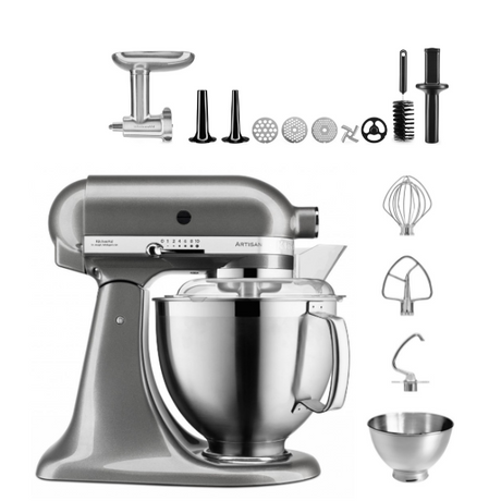 KitchenAid 4,8 L 5KSM185 Artisan Küchenmaschine Meatlover Metallfleischwolf 5KSMMGA Gr. 8 und Spritzgebäckvorsatz