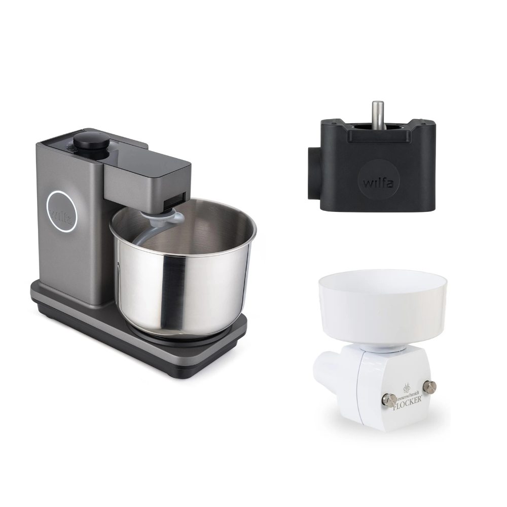 Wilfa Küchenmaschine Probaker KM1GY-70 grau + Tool Adapter + Messerschmidt Flockervorsatz