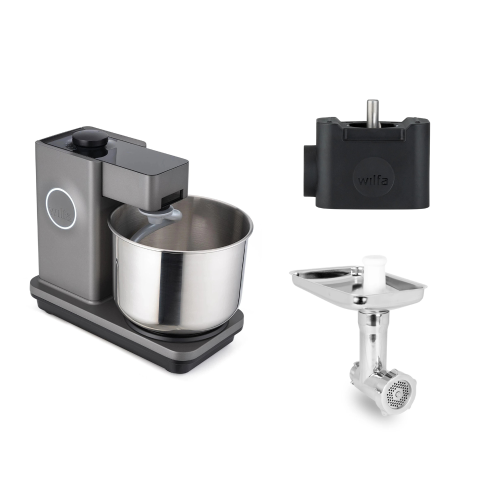 Wilfa Küchenmaschine Probaker KM1GY-70 grau + Tool Adapter + Messerschmidt Edelstahlfleischwolf