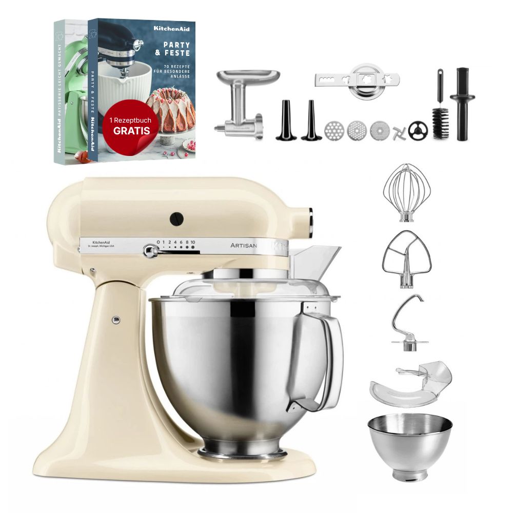 KitchenAid 4,8 L 5KSM185 Artisan Küchenmaschine Meatlover Metallfleischwolf 5KSMMGA Gr. 8 und Spritzgebäckvorsatz
