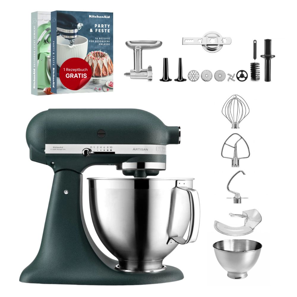 KitchenAid 4,8 L 5KSM185 Artisan Küchenmaschine Meatlover Metallfleischwolf 5KSMMGA Gr. 8 und Spritzgebäckvorsatz