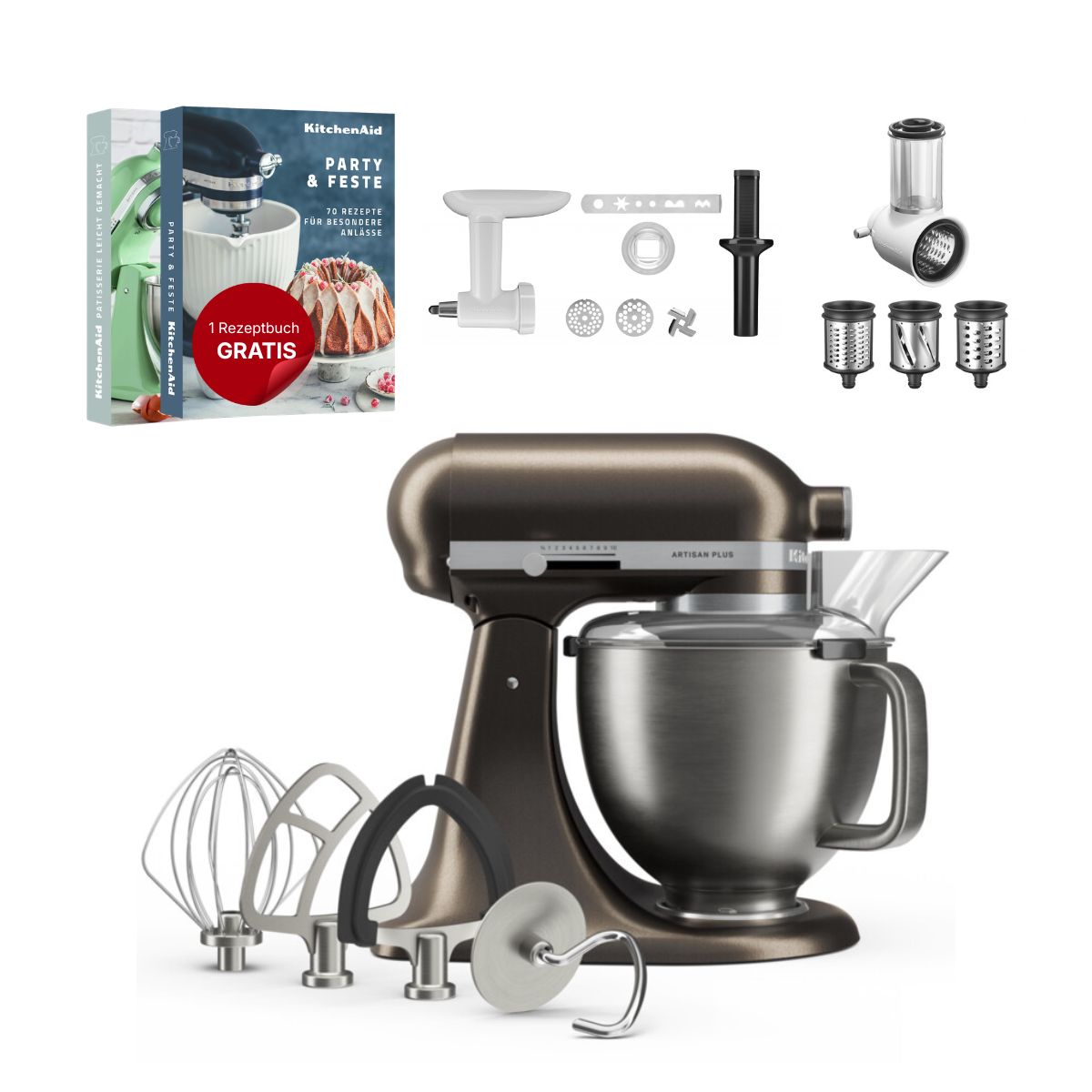 KitchenAid 4,7 L 5KSM50 Artisan Plus Küchenmaschine Allrounderset mit Gemüseschneider + Fleischwolf + Spritzgebäckvorsatz