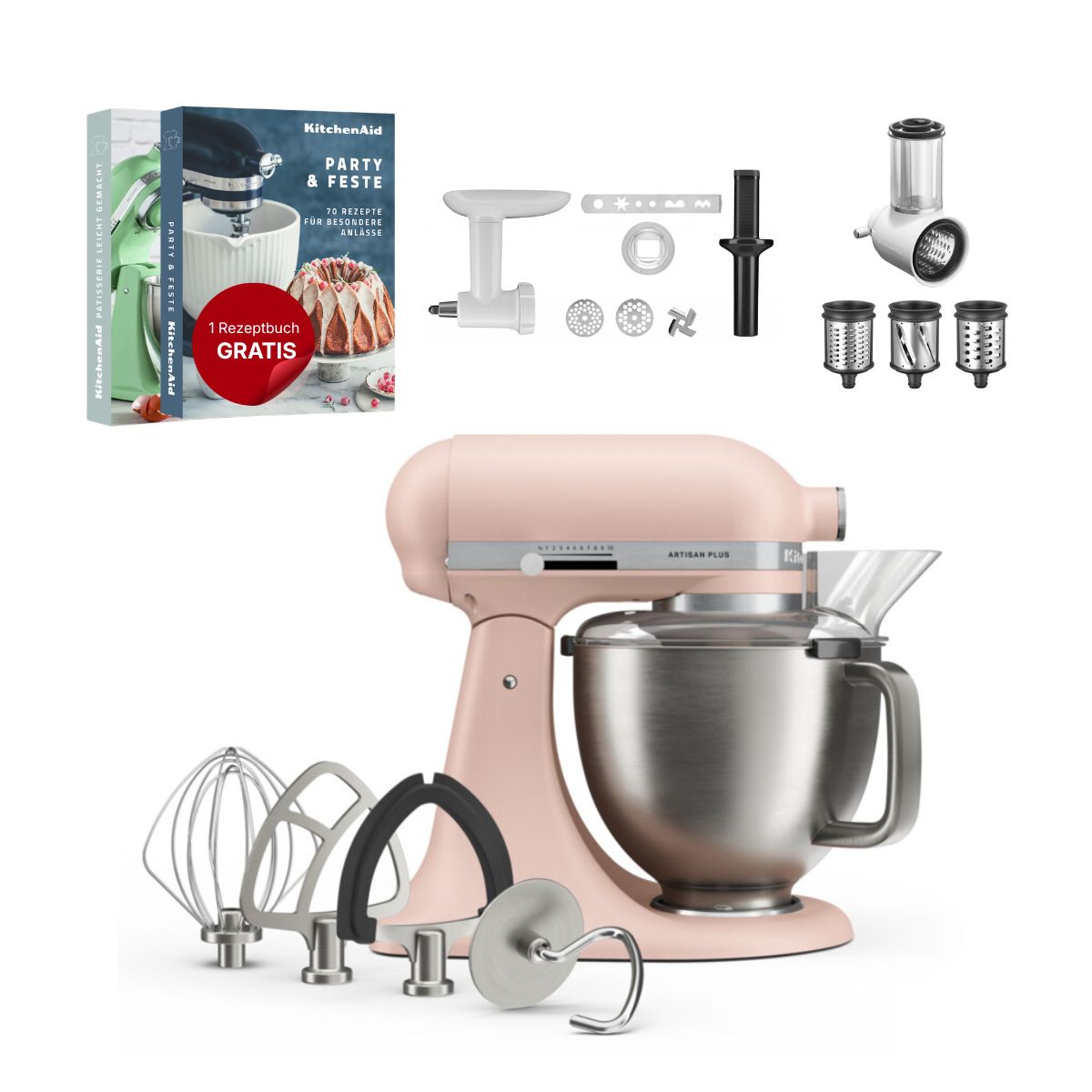 KitchenAid 4,7 L 5KSM50 Artisan Plus Küchenmaschine Allrounderset mit Gemüseschneider + Fleischwolf + Spritzgebäckvorsatz