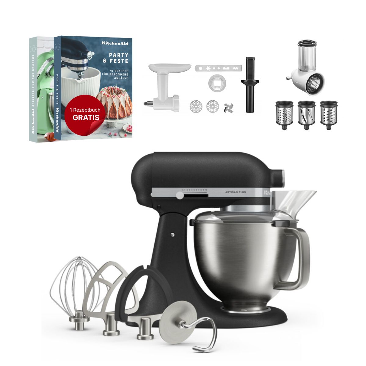 KitchenAid 4,7 L 5KSM50 Artisan Plus Küchenmaschine Allrounderset mit Gemüseschneider + Fleischwolf + Spritzgebäckvorsatz