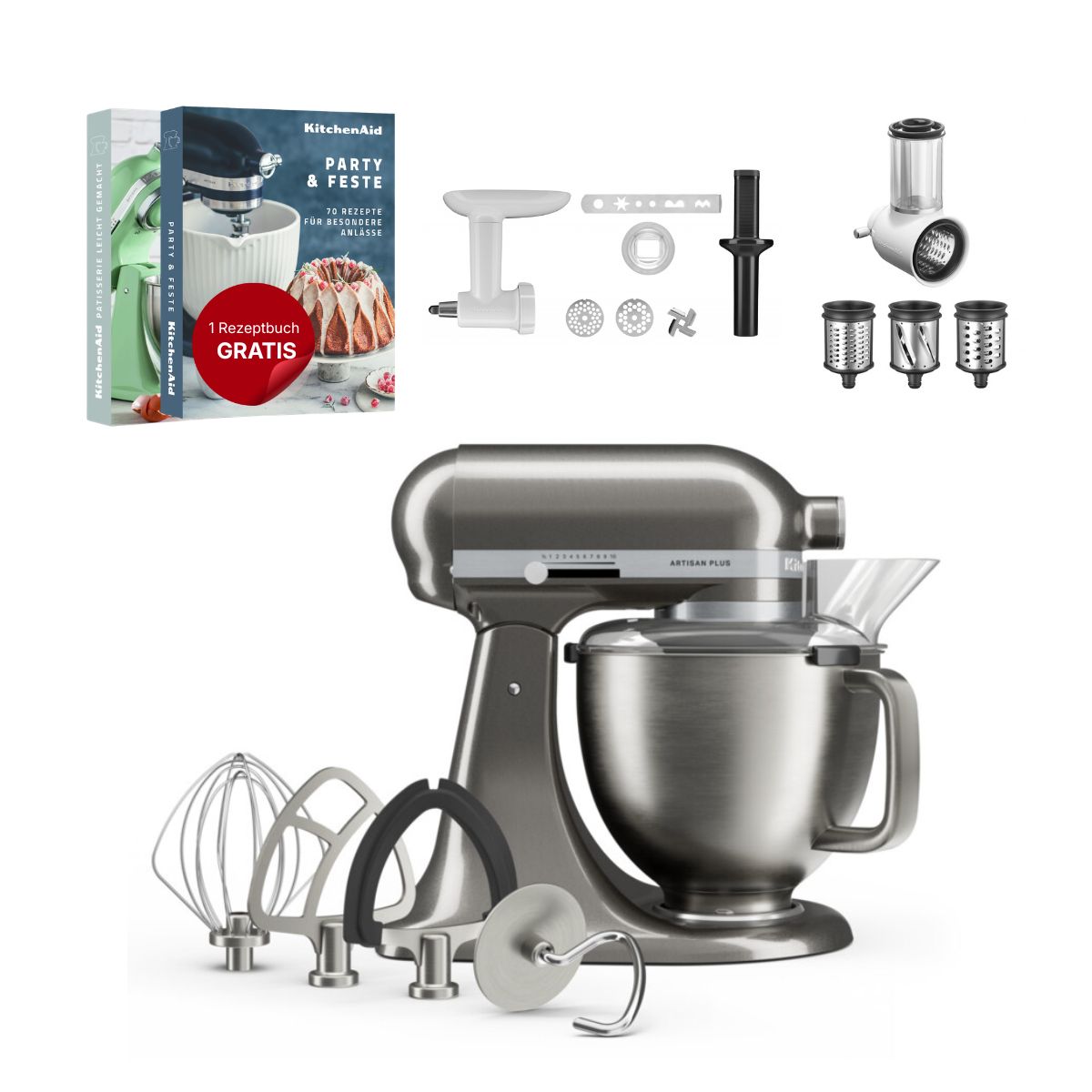 KitchenAid 4,7 L 5KSM50 Artisan Plus Küchenmaschine Allrounderset mit Gemüseschneider + Fleischwolf + Spritzgebäckvorsatz