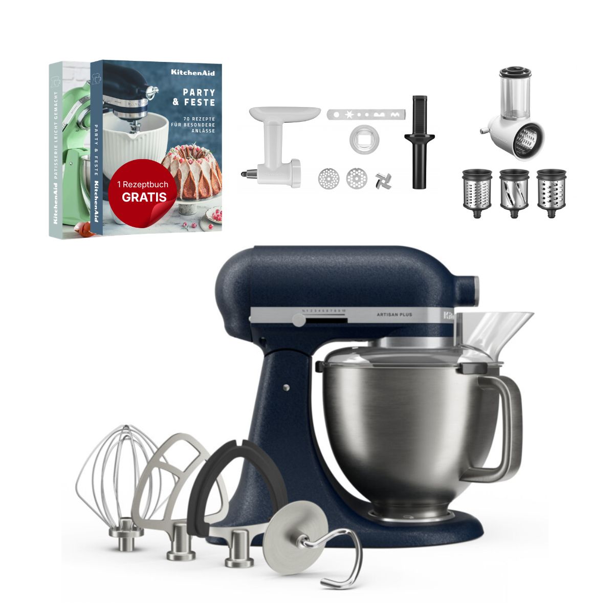 KitchenAid 4,7 L 5KSM50 Artisan Plus Küchenmaschine Allrounderset mit Gemüseschneider + Fleischwolf + Spritzgebäckvorsatz