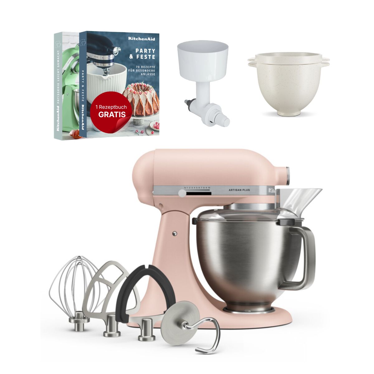 KitchenAid 4,7 L 5KSM50 Artisan Plus Küchenmaschine Breadlover mit Messerschmidt Getreidemühlenvorsatz + Brotbackschüssel