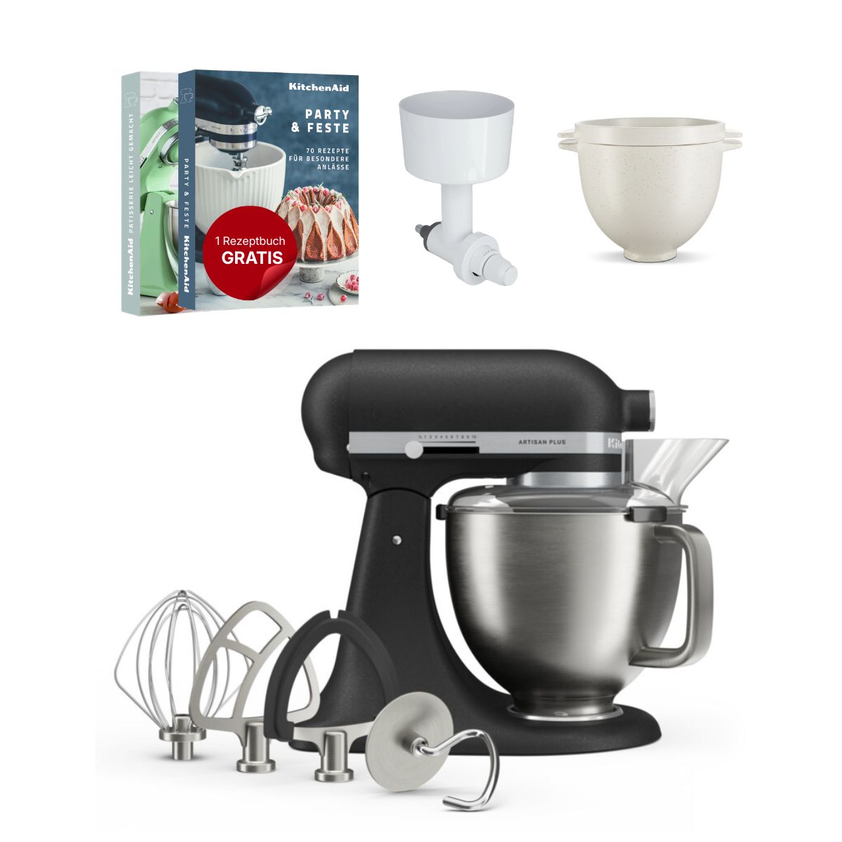 KitchenAid 4,7 L 5KSM50 Artisan Plus Küchenmaschine Breadlover mit Messerschmidt Getreidemühlenvorsatz + Brotbackschüssel