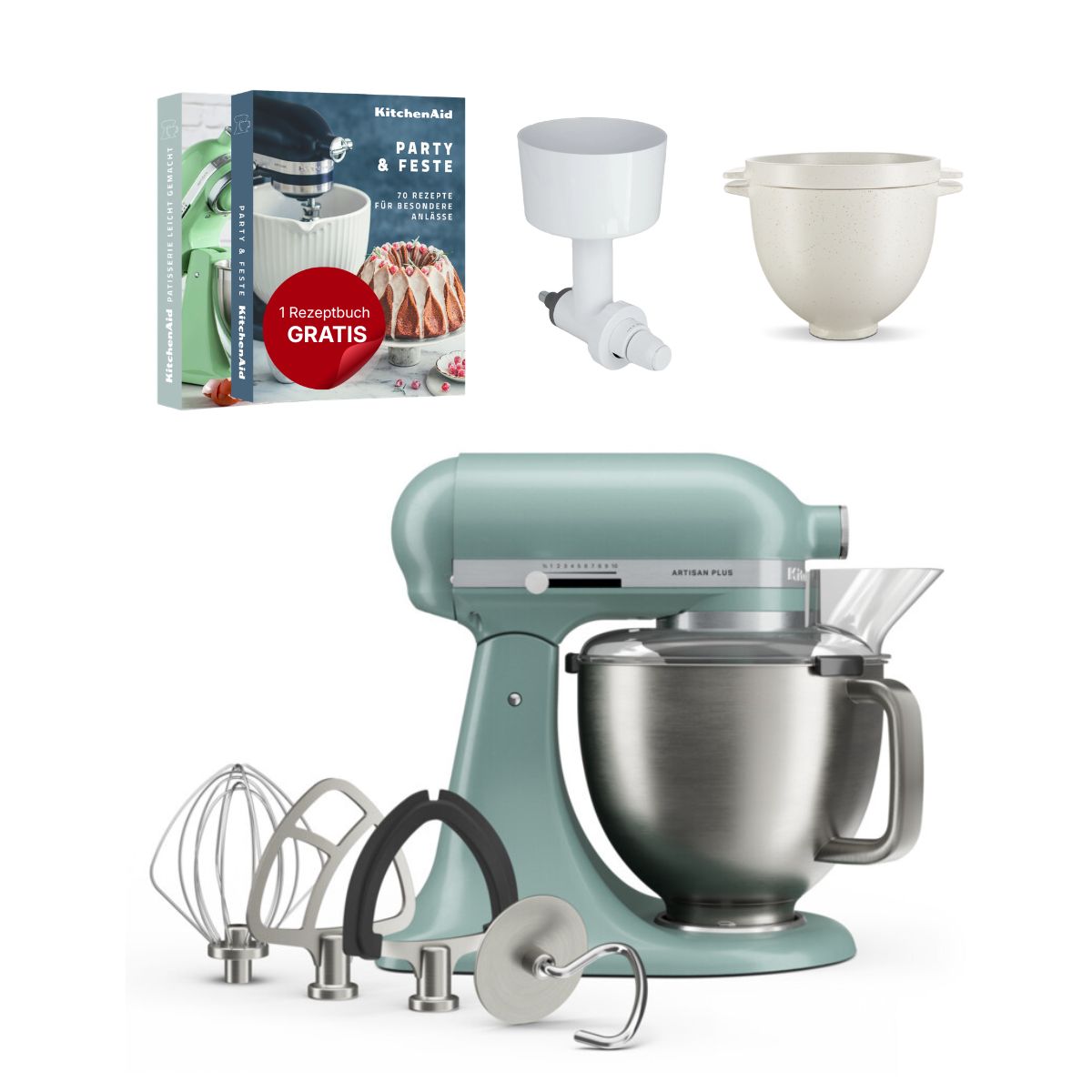 KitchenAid 4,7 L 5KSM50 Artisan Plus Küchenmaschine Breadlover mit Messerschmidt Getreidemühlenvorsatz + Brotbackschüssel