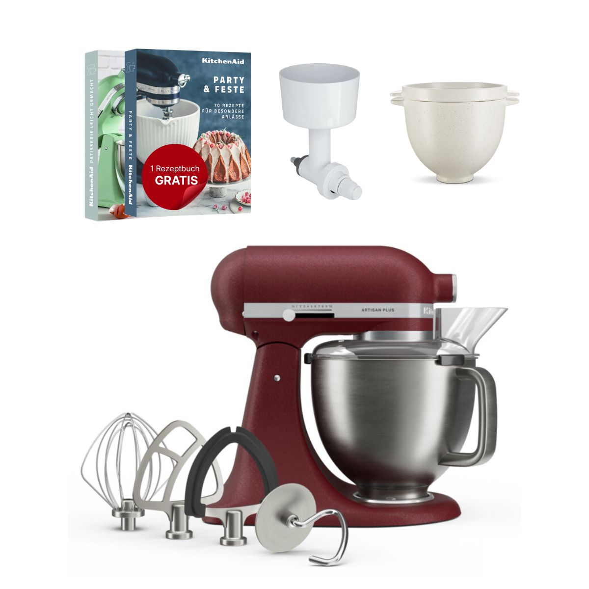 KitchenAid 4,7 L 5KSM50 Artisan Plus Küchenmaschine Breadlover mit Messerschmidt Getreidemühlenvorsatz + Brotbackschüssel