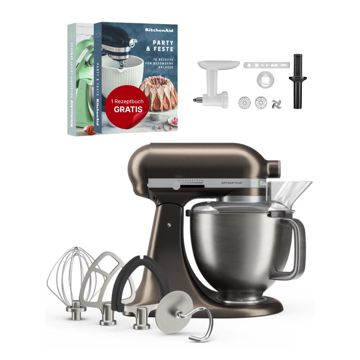 KitchenAid 4,7 L 5KSM50 Artisan Plus Küchenmaschine Cookielover mit Fleischwolf + Spritzgebäckvorsatz