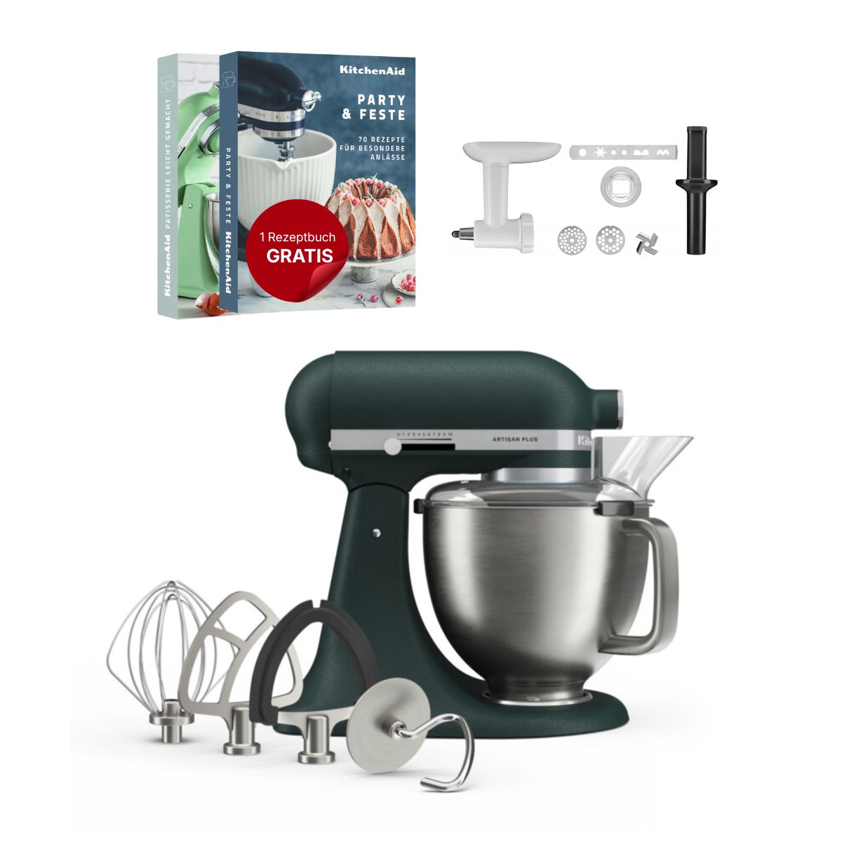 KitchenAid 4,7 L 5KSM50 Artisan Plus Küchenmaschine Cookielover mit Fleischwolf + Spritzgebäckvorsatz