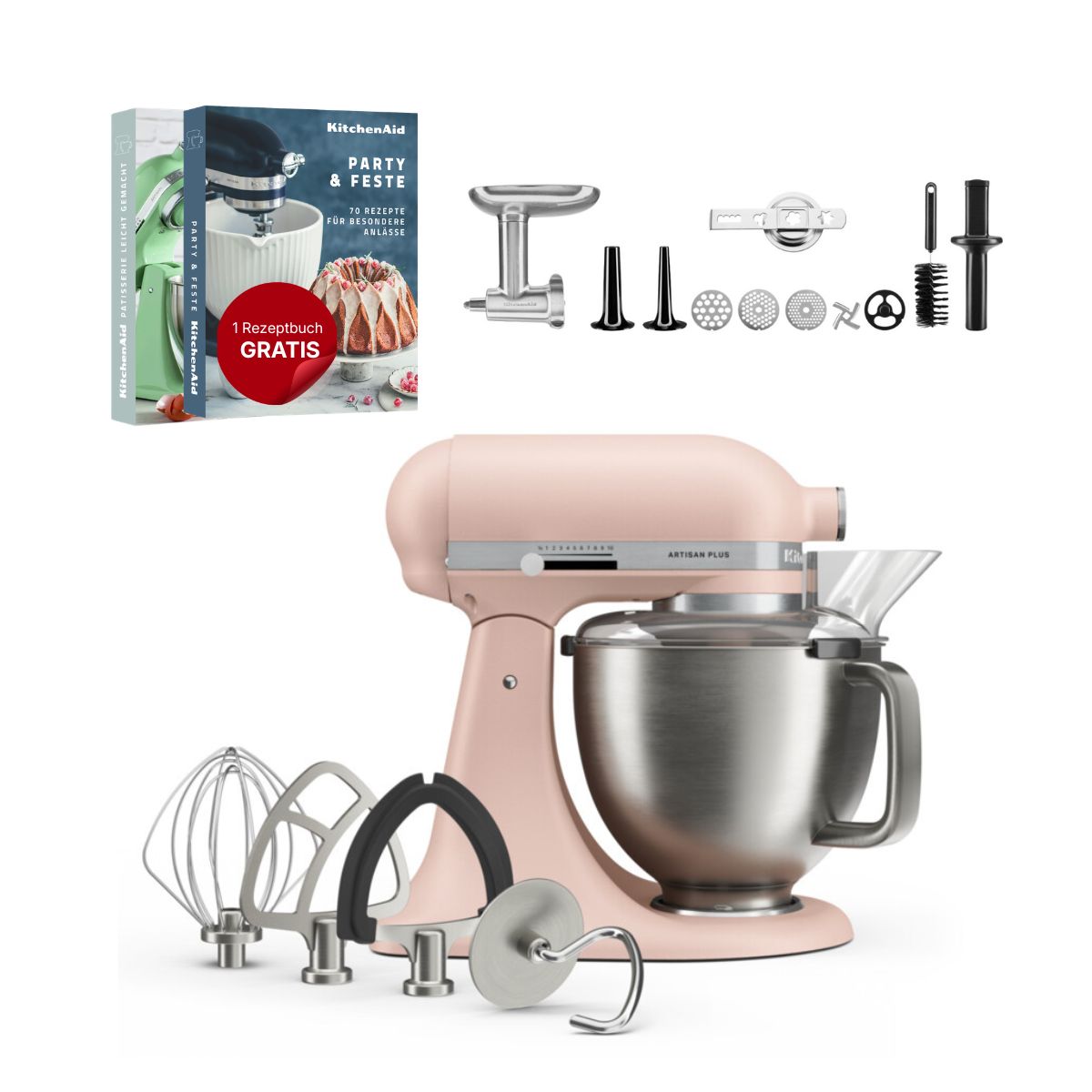 KitchenAid 4,7 L 5KSM50 Artisan Plus Küchenmaschine Meatlover mit Metallfleischwolf + Spritzgebäckvorsatz