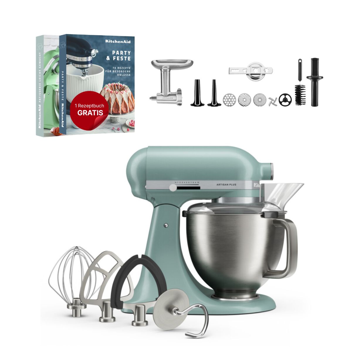KitchenAid 4,7 L 5KSM50 Artisan Plus Küchenmaschine Meatlover mit Metallfleischwolf + Spritzgebäckvorsatz