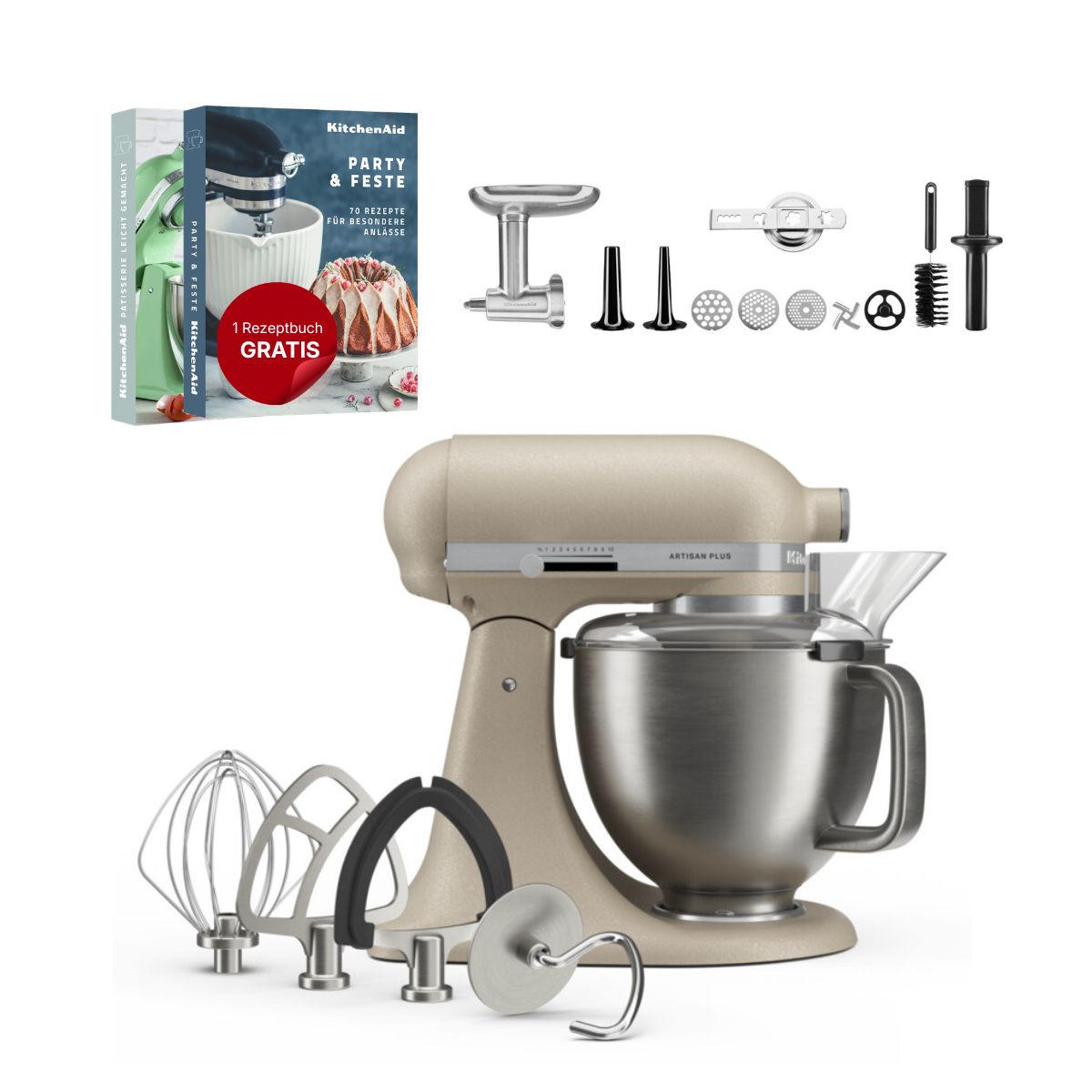KitchenAid 4,7 L 5KSM50 Artisan Plus Küchenmaschine Meatlover mit Metallfleischwolf + Spritzgebäckvorsatz