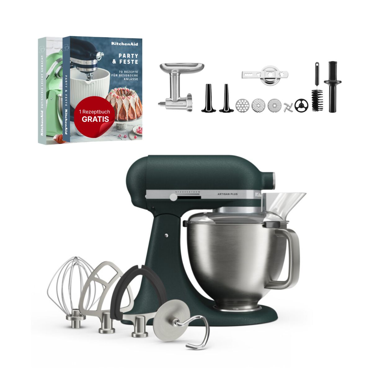 KitchenAid 4,7 L 5KSM50 Artisan Plus Küchenmaschine Meatlover mit Metallfleischwolf + Spritzgebäckvorsatz